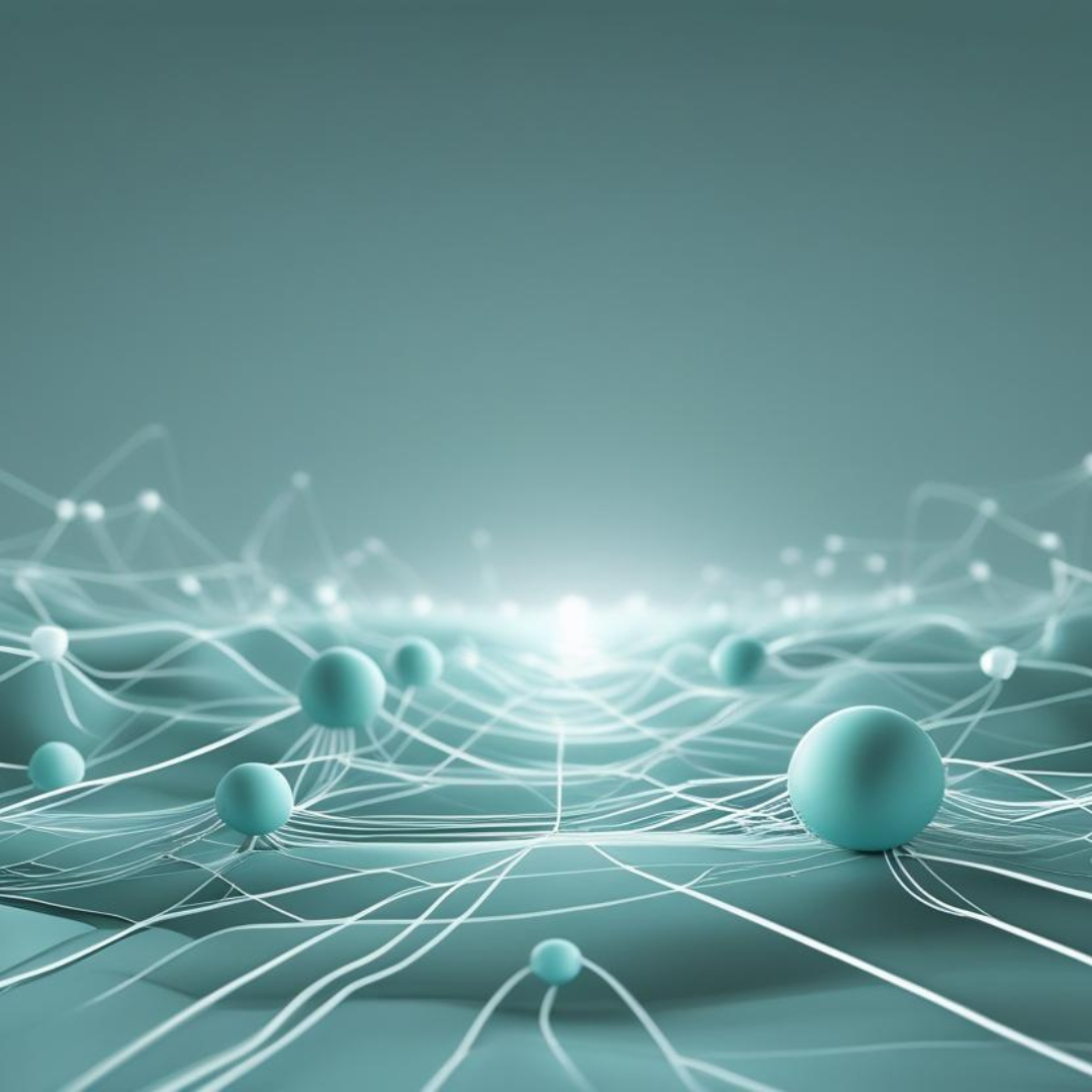 Geometric design with interconnected lines and spheres on a teal background