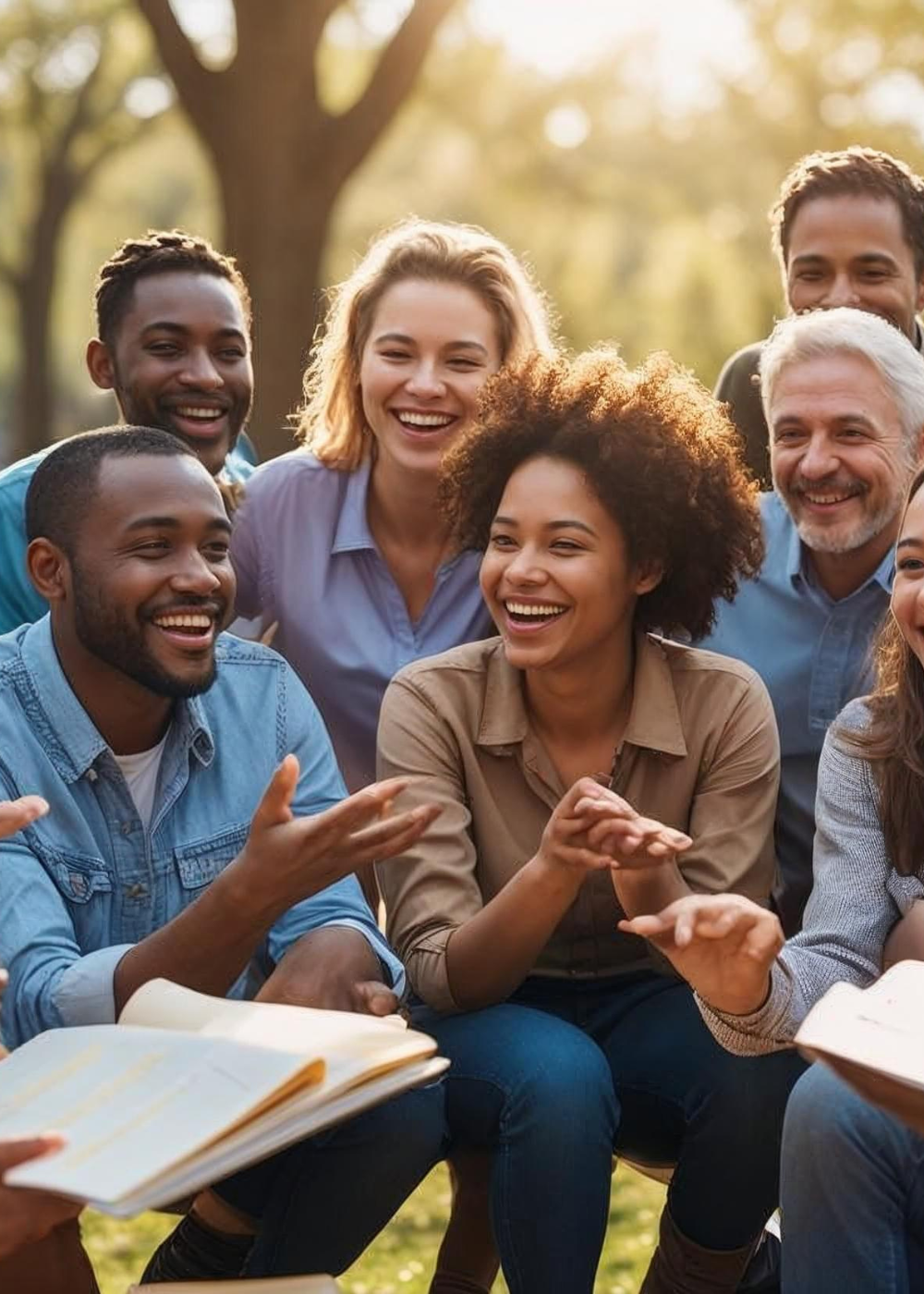 Group of people sitting outdoors, smiling and laughing together.