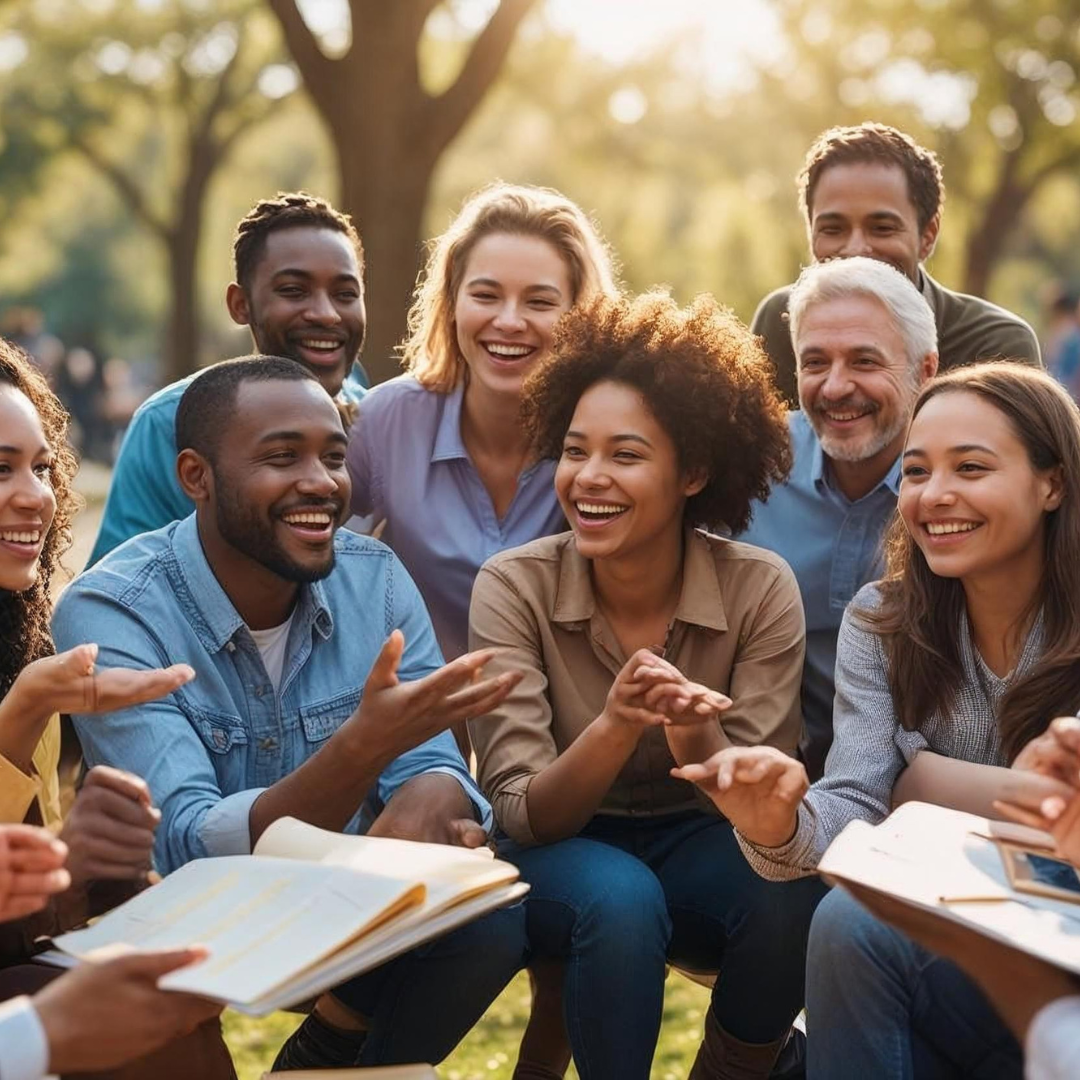 Group of people sitting outdoors, smiling and engaged in conversation.